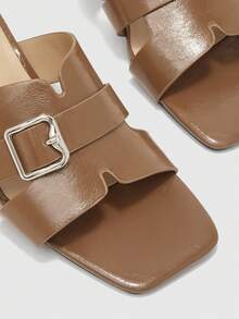 CUCCOO BIZCHIC Women's Light Brown Belt Buckle Cross Belt Thick Heel Mule Shoes, Square Toe Comfortable High Heel Sandals Spring Shoes - Brown - View 8