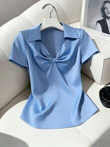 GlowEve 女士梭织缎面短袖V领衬衫，优雅办公服饰，新款春夏时尚衬衫 - 藍色 - 查看 1