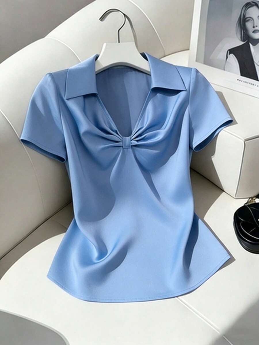 GlowEve 女士梭织缎面短袖V领衬衫，优雅办公服饰，新款春夏时尚衬衫 - 藍色 - 查看 1