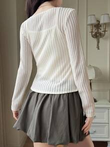 DAZY Cardigan femme à col V profond, manches longues, en tissu texturé avec nœud devant - Nude - Voir 3