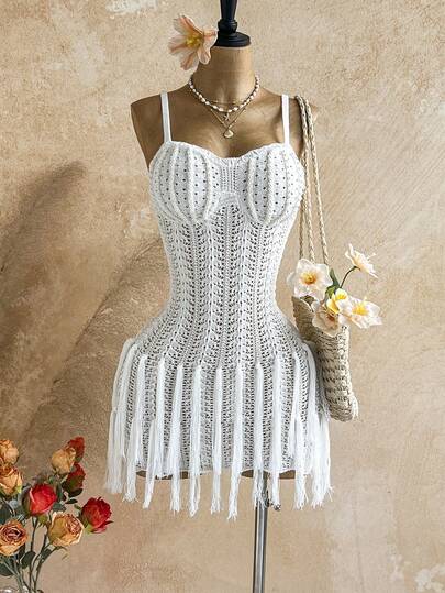 Soleia Women's Solid Color Hollow Out Fitted Fringe Decor Camisole Sweater Dress