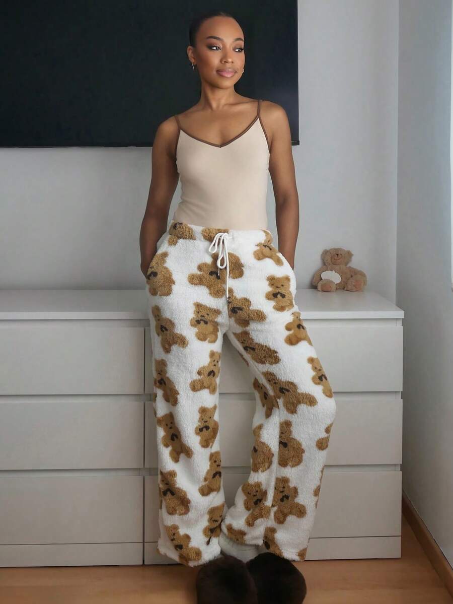 Yess Loren Women's Fuzzy Bear Print Drawstring Straight Leg Pants - Multicolor - View 1