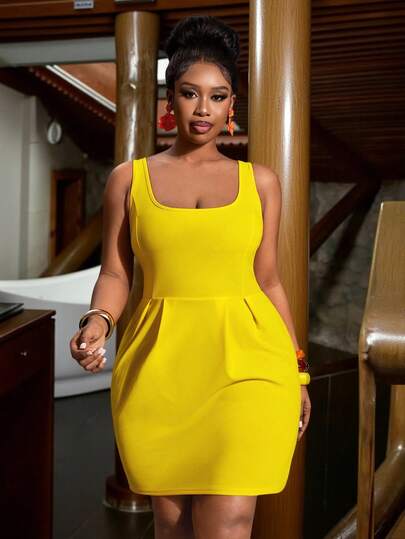 Slaydiva Vestido de muñeca con cintura ceñida y escote en V - Amarillo