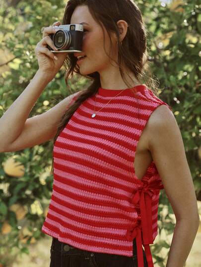 WESTFADE Striped Waffle Knit Tie Side Tank Top Spring, Summer, Resort Wear, Cute Top, Casual, Coastal Cowgirl, Boho, Farmers Market, Vacation, Beach, Festival, Western Wear