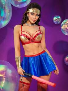 Fantasy Costume 8件套 COS 超级英雄金属皮革可拆卸肩带文胸和百褶裙女装套装 - 彩色 - 查看 5