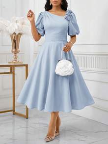 SHEIN Lady Damen Einfarbiges 3D Blumen Dekor Kleid mit kurzen Petal-Ärmeln, elegantes Midi-Kleid - Babyblau - Übersicht 5