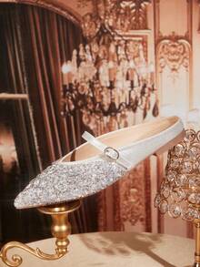 CUCCOO TILAWA 女士时尚尖头平底银色绑带全钻水钻舒适通勤百搭华丽派对宴会女士平底穆勒鞋 - 銀色 - 查看 3