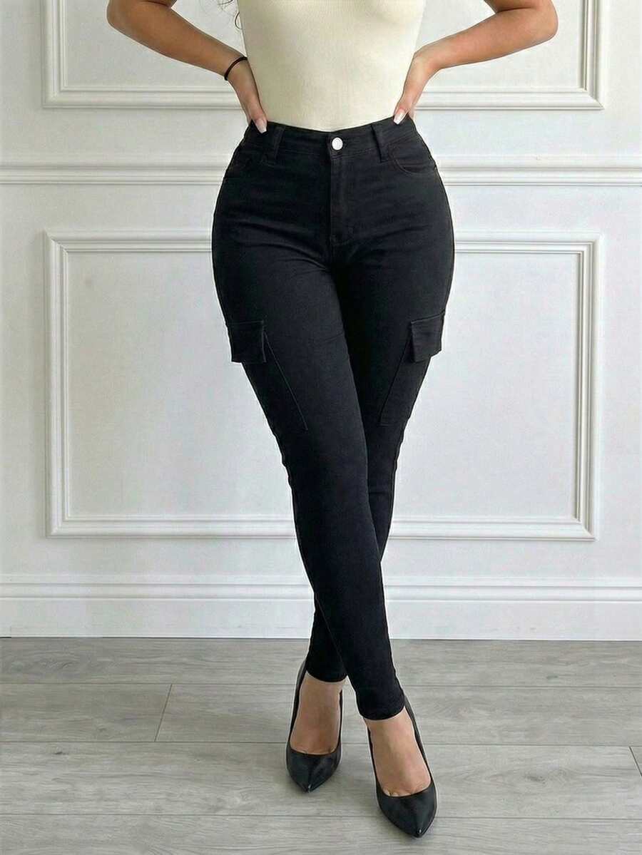 EMERY ROSE Women's Casual Fashion Street Snap Flap Pocket Skinny Cargo Jeans - Black - View 1