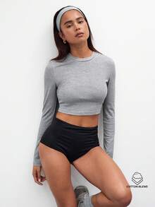 MUSERA ESSENTIALS 长袖针织罗纹短款棉混纺上衣，休闲夏季度假春夏假日 - 灰色 - 查看 1