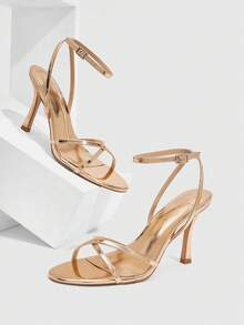 CUCCOO SZL 女鞋 新款简约时尚高跟鞋 配色喷漆细方跟踝带圆头交叉绑带性感百搭通勤镜面PU材质春夏四季职场节日派对约会街头时尚经典凉鞋优雅女鞋 - 香檳色 - 查看 1