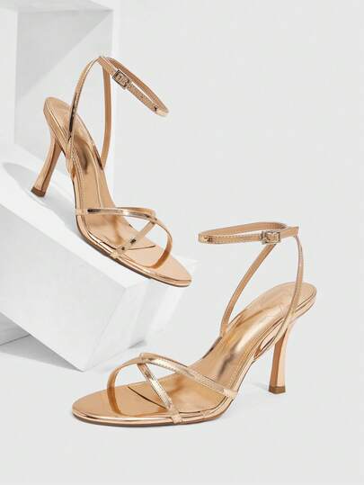 CUCCOO SZL 女鞋 新款简约时尚高跟鞋 配色喷漆细方跟踝带圆头交叉绑带性感百搭通勤镜面PU材质春夏四季职场节日派对约会街头时尚经典凉鞋优雅女鞋