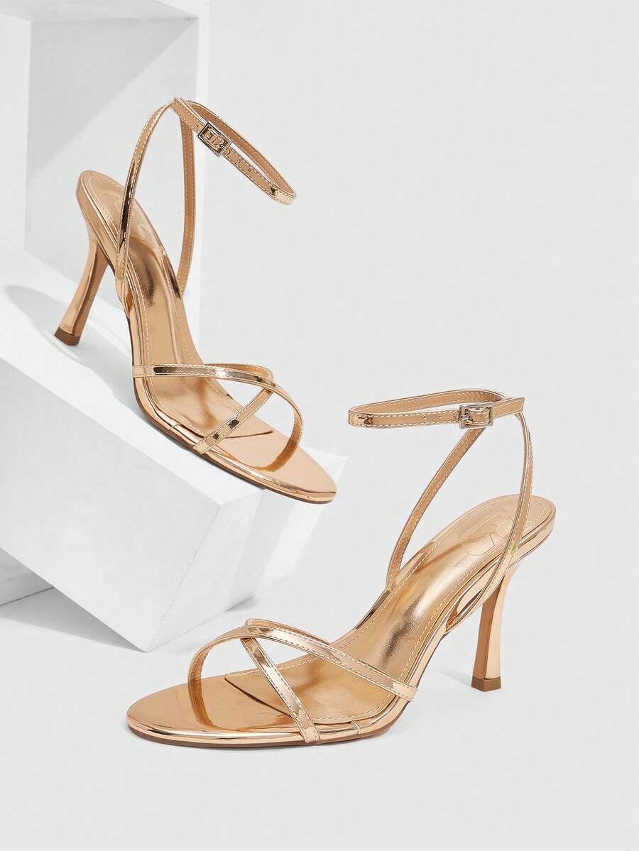 CUCCOO SZL 女鞋 新款简约时尚高跟鞋 配色喷漆细方跟踝带圆头交叉绑带性感百搭通勤镜面PU材质春夏四季职场节日派对约会街头时尚经典凉鞋优雅女鞋 - 香檳色 - 查看 1