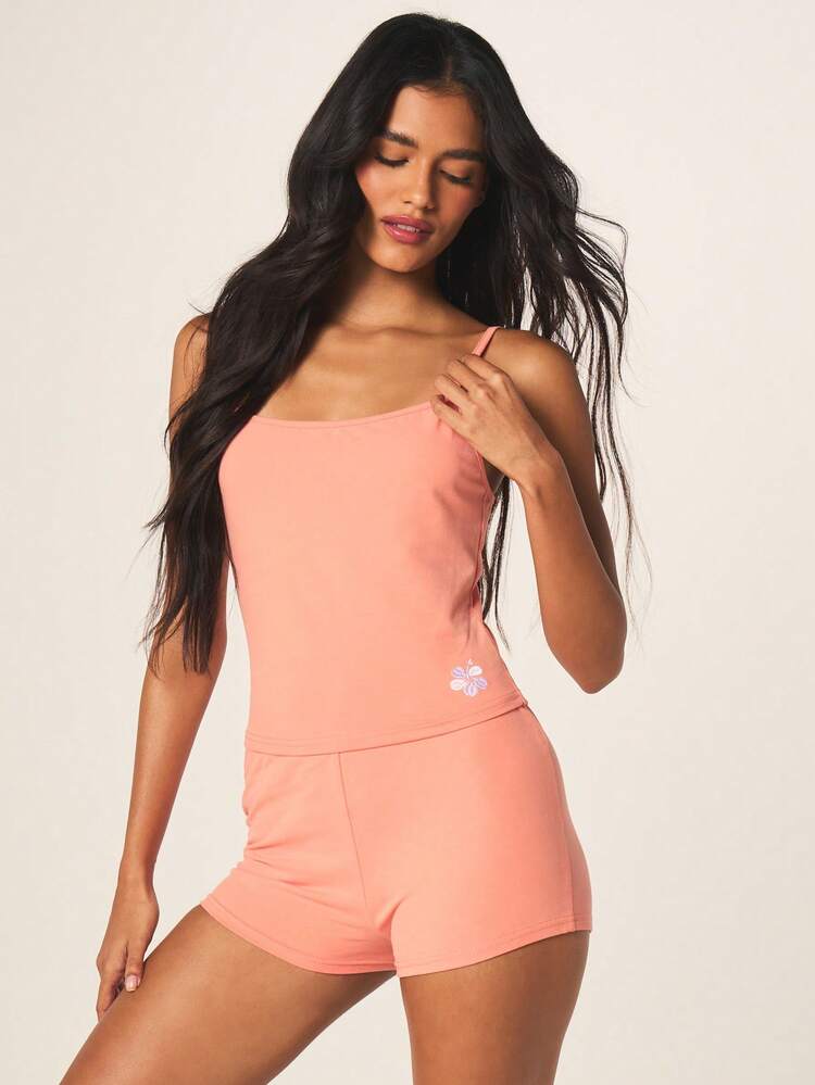MISSGUIDED Women's Coral Cami And Shorts Pajama Set With Embroidered Floral Detail Summer Sleepwear Nightwear Loungewear