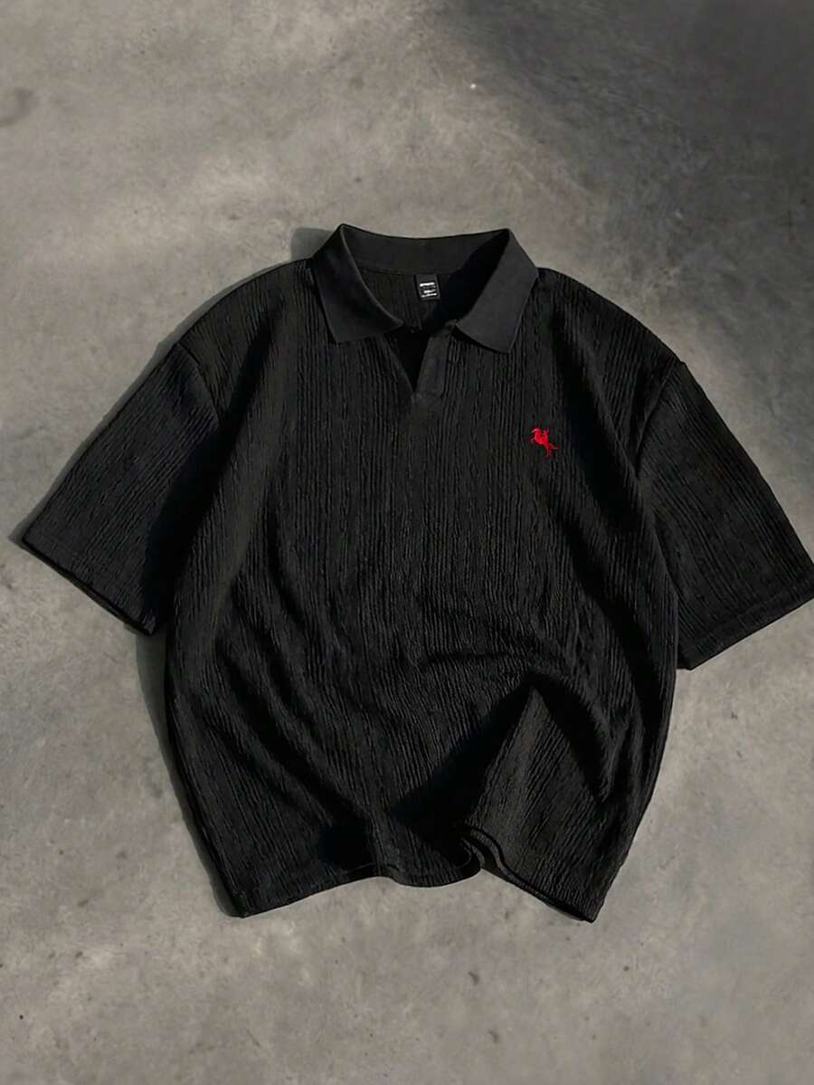 SWAVVY 男士休闲通勤骑行刺绣纹理面料短袖Polo衫，夏季 - 黑色 - 查看 1