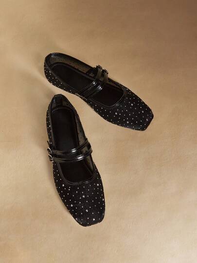 Rosivie Zapatos Mary Jane con malla de diamantes brillantes | Zapatos de punta cuadrada retro con suela plana