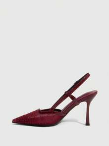 CUCCOO SZL Tacones altos de punta fina para mujer, con malla negra, adornados con rhinestones, de estilo glamoroso y sexy para fiestas y ocasiones especiales, con correa para el tobillo - Borgoña 1 - Ver 4