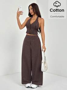 SHEIN PETITE Spring/Summer Office Lady V-Neck Sleeveless Top With Open Back & Wide Leg Pants, Slimming And Lengthening Outfit For Streetwear Brown Two Piece Set Women Striped Two Piece Set - Brown - View 13