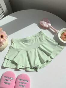 SHEIN EZwear Women's Mint Green Elastic Waist Ruffle Hem Skort - Mint Green - View 6