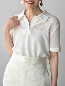 FRIFUL Women's Partial Placket Polo Collar Semi-Sheer Basic Comfortable T-Shirt - Beige - View 6