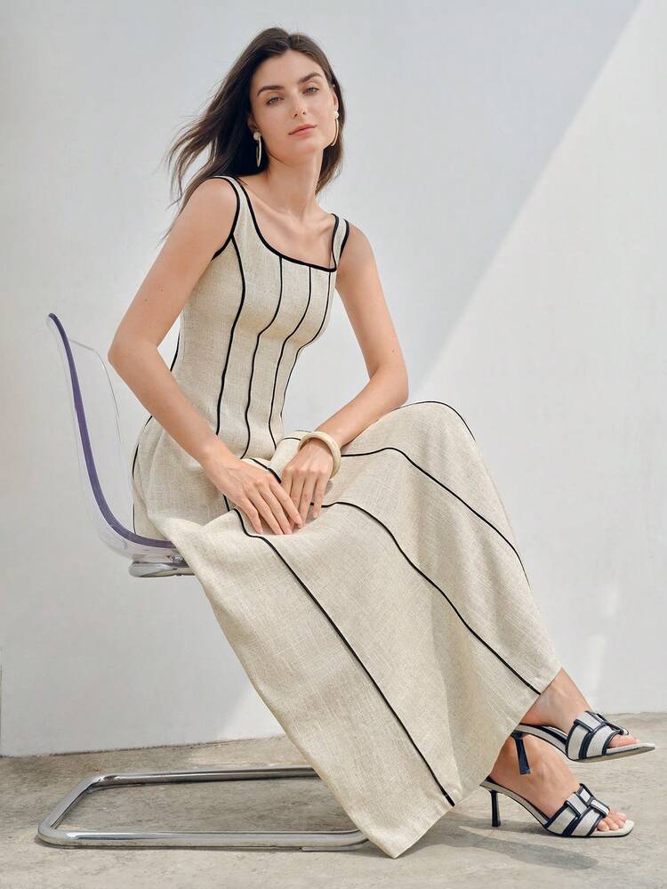 SHEIN x PRISCILA & JIMENA CONTRAST PIPING SQUARE NECK FLARE HEM DRESS