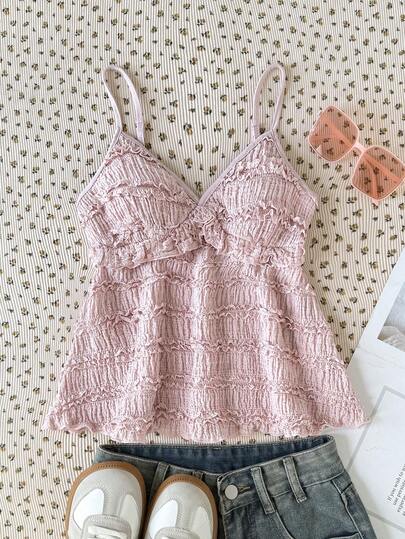 SHEIN Tween Girls' Pink Lace Ruffle Camisole, Elegant Solid Color Lace Trim Camisole, Suitable For Summer, Vacation, Casual, Home, BM Style