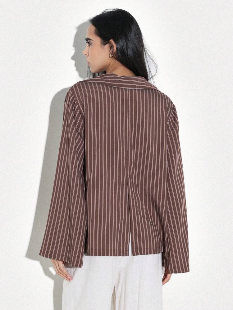 KSTM Women's Oversized Pinstriped Long Sleeve Button Down Blouse With Deep V Neck And Bell Sleeves For Fall Winter Office Casual