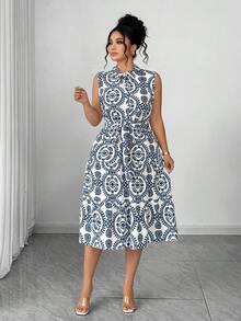 SHEIN CURVE+ 大码女士优雅印花系带无袖连衣裙 蓝白中长连衣裙 翻领中长连衣裙 女士碎花中长连衣裙 印花茶会连衣裙 无袖中长连衣裙 婚礼宾客礼服 女士曲线大码夏季连衣裙 女士连衣裙 大码女士夏季套装 - 彩色 - 查看 4
