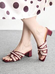 CUCCOO BIZCHIC 方头条纹交叉粗跟凉鞋，款式百搭，简约时尚，适合日常穿着或休闲场合。 - 酒紅色 - 查看 1