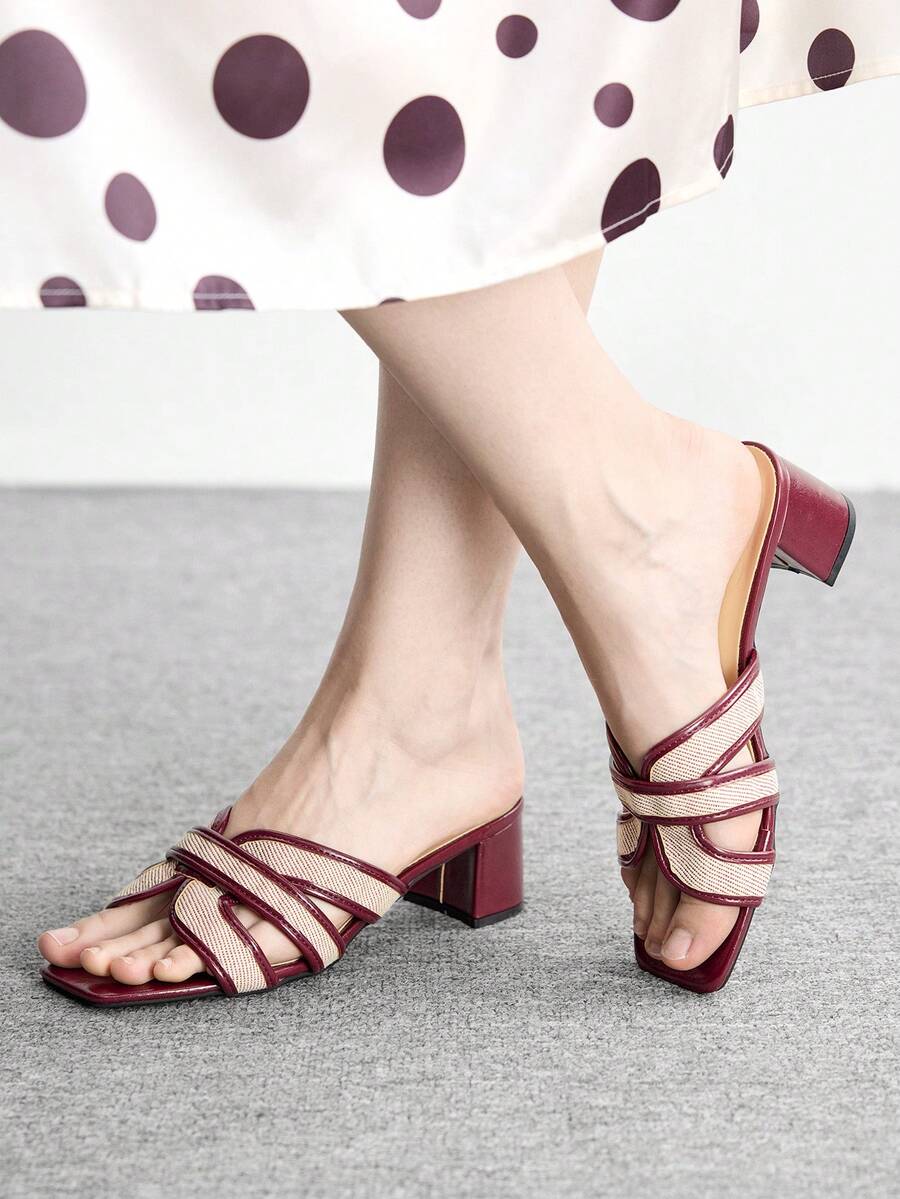 CUCCOO BIZCHIC 方头条纹交叉粗跟凉鞋，款式百搭，简约时尚，适合日常穿着或休闲场合。 - 酒紅色 - 查看 1