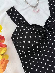 SHEIN 少女针织黑白波点扭结肩带修身迷你连衣裙 - 黑與白 - 查看 8