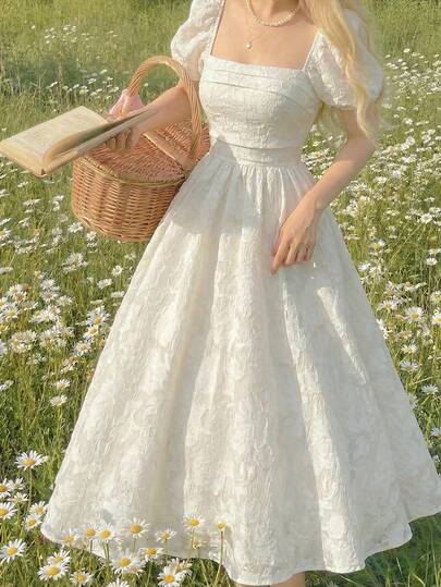 SHEIN MOD Women's Apricot Cutout Textured Petal Sleeve Square Neck Mid-Length Dress,Spring /Summer Outfits Women, Vacation Outfits Women,Party , Wedding Guest Dress For Women, Garden Party ,  Elegant Party, Wedding Guest Party Set,Going Out Outfits,Beach,Beach Dresses ,Summer Holiday Outfits ,Festival Dress, Picnic Dress, Spring Dress,Prom Dresses,Graduation Dress, Birthday Dress, White Vintage Dress, French Style Dress, Cottagecore Dress