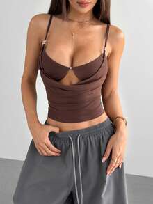 Hanevo Women's Fashionable Solid Color Adjustable Spaghetti Strap Vest, Hollow Pleated Cropped Sexy Camisole Cleavage Top Sexy Women Tops Brown Top Spaghetti Strap Top Cropped Top Women's Top Braless Tops Sexy Tops For Women Brown Tops Women's Tops For Summer - Coffee Brown - View 4