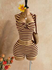 Soleia 女士度假条纹吊带背心、短裤套装，海滩、西部、度假、音乐节、夏季服装、波西米亚风 - 彩色 - 查看 1