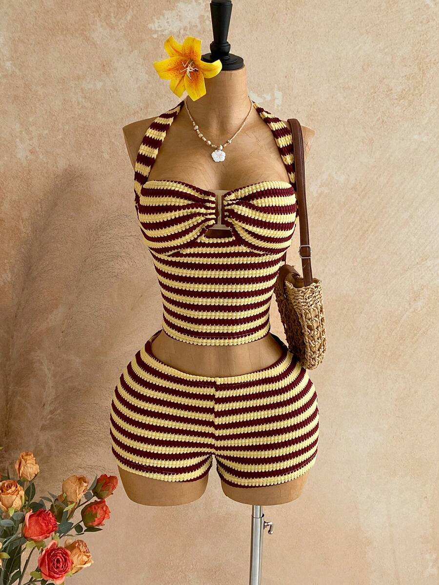 Soleia 女士度假条纹吊带背心、短裤套装，海滩、西部、度假、音乐节、夏季服装、波西米亚风 - 彩色 - 查看 1