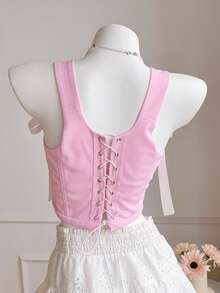 Comfortcana 2026 Frühling/Sommer Neue Mode Damen Western Stil Schnürung Bestickte Crop Top, Rosa Anliegende Bustier, Vintage Stil für Neujahr, Weihnachten, Erntedankfest Party - Pink - Übersicht 2