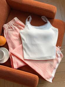 Comfortcana 2件套女士休闲黄色蕾丝边吊带背心和条纹裤，返校季 - 橘色 - 查看 6