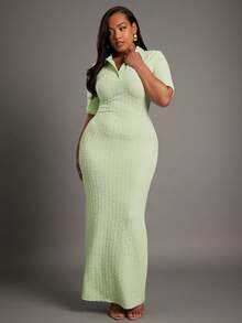 NYA SZN Avocado Green Summer Smart Casual Everyday Women's Plus Collared Textured Fitted Maxi Dress Modest Wedding Guest Prom Bridal Dinner Date Night Outfits - Green - View 7