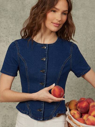 WESTFADE Round Neck Western Seamed Short Sleeve Button Front Ruffle Hem Cotton Blend Denim Top Spring, Summer, Resort Wear, Casual, Coastal Cowgirl, Boho, Farmers Market, Vacation, Beach, Festival, Western Wear