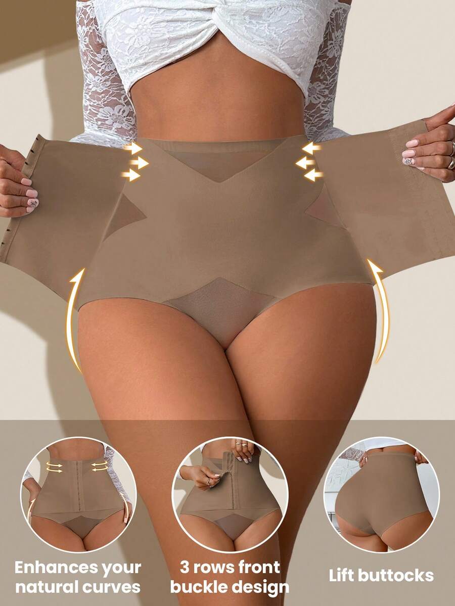 SHEIN Quần định hình eo cao dành cho nữ, quần nịt eo thon gọn có nút cài, quần short định hình nâng mông bằng lưới gợi cảm. - Cà phê nâu - Xem 1