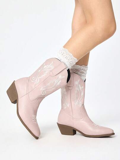 ROMWE Fairycore Women Pink Western Boots, Pointed Toe V-Cut Thick Heel Embroidered Leather Boots, Low Heel Clogs, Pull-On Riding Boots And Ankle Boots Spring Shoes