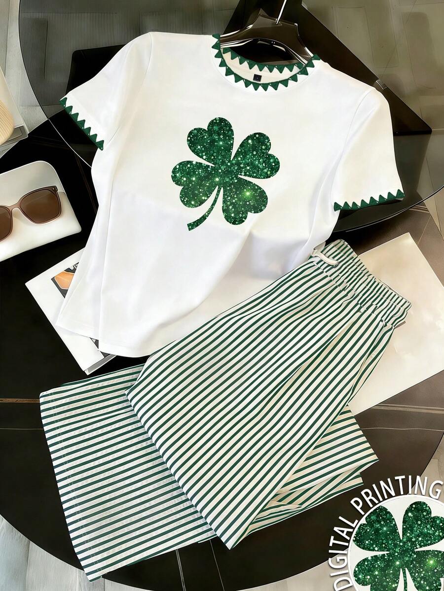 Resyla Bộ đồ nữ gồm áo thun ngắn tay và quần ống rộng kẻ sọc in hình cỏ bốn lá nhân dịp Ngày Thánh Patrick, thích hợp cho mùa Xuân/Hè/Thu. - trắng - Xem 1
