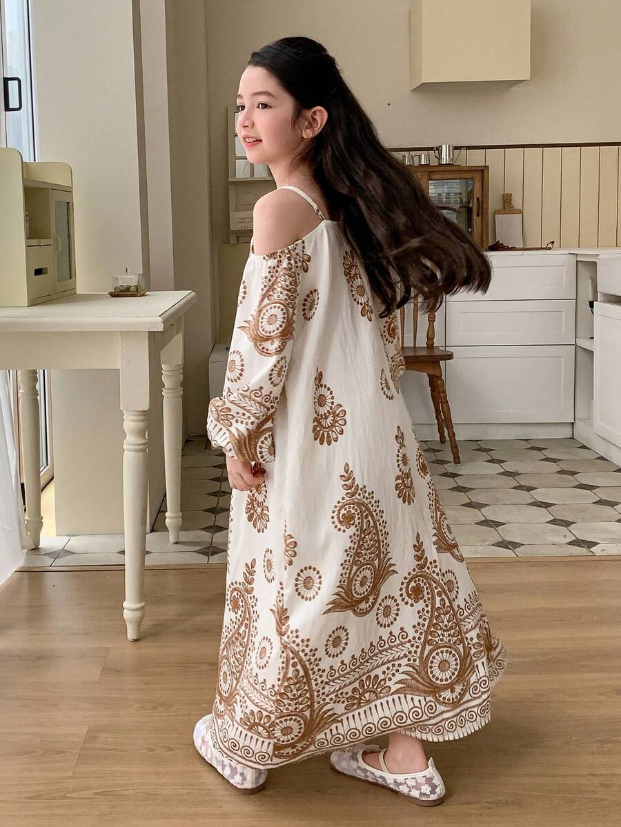 DAZY 少女休闲波西米亚度假风佩斯利印花露肩灯笼袖宽松连衣裙，春夏秋季 - 杏色 - 查看 1