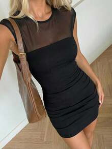 SHEIN EZwear 女士网纱拼接圆领短袖褶皱性感黑色紧身连衣裙 - 黑色 - 查看 1