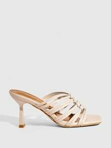 CUCCOO SZL Women's Woven Decor Multi-Strap Square Toe Chunky Heel French Elegant Leather Mule Slides, Suitable For Daily, Commute And Date Prom Heels Summer Shoes - White - View 3