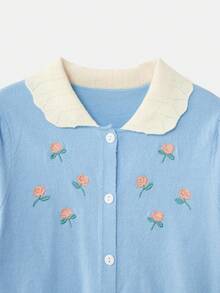 lacRébo Áo khoác cardigan ngắn tay ôm sát màu xanh dương thêu họa tiết, cổ áo viền ren trắng, kiểu dáng dễ thương mùa xuân hè, phong cách Pháp, Paris. - Màu xanh lam - Xem 10
