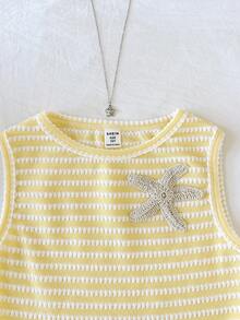 SHEIN Bộ đồ 2 mảnh cho bé gái tuổi teen, kiểu dáng thường ngày, thoải mái, cổ tròn, không tay, họa tiết sao biển và sọc, gồm áo tank top và quần short. - Màu vàng - Xem 4