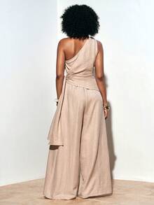 Zivah Women's Sleeveless Loose Jumpsuit With Asymmetric Shoulder Design - Khaki - View 2