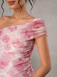 Momance 优雅印花孕妇连衣裙，肩部褶皱设计，修身剪裁 - 粉色 - 查看 6