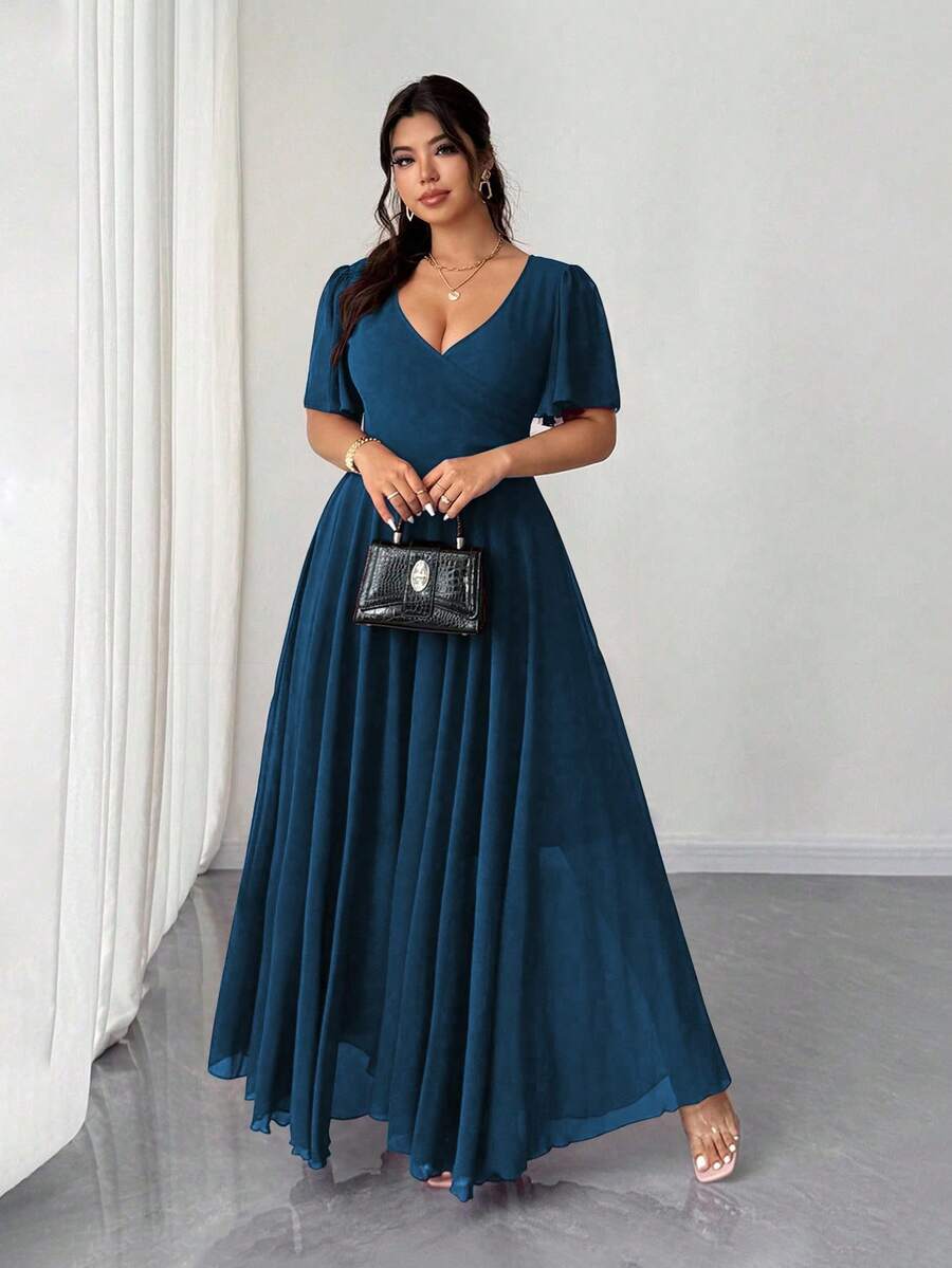 Elenzga Plus Size Women Chiffon Ruffle Sleeve V-Neck A-Line Dress, Simple Elegant Romantic Graceful Flowing Royal Blue Gown - Teal Blue - View 1