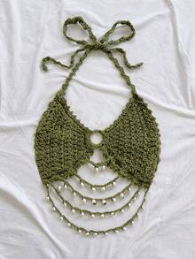 Soleia 新款春夏度假风V领无袖背心，珍珠链露背针织设计，适合海滩、波西米亚风、度假、复古、假日等场合。 - 軍綠色 - 查看 5